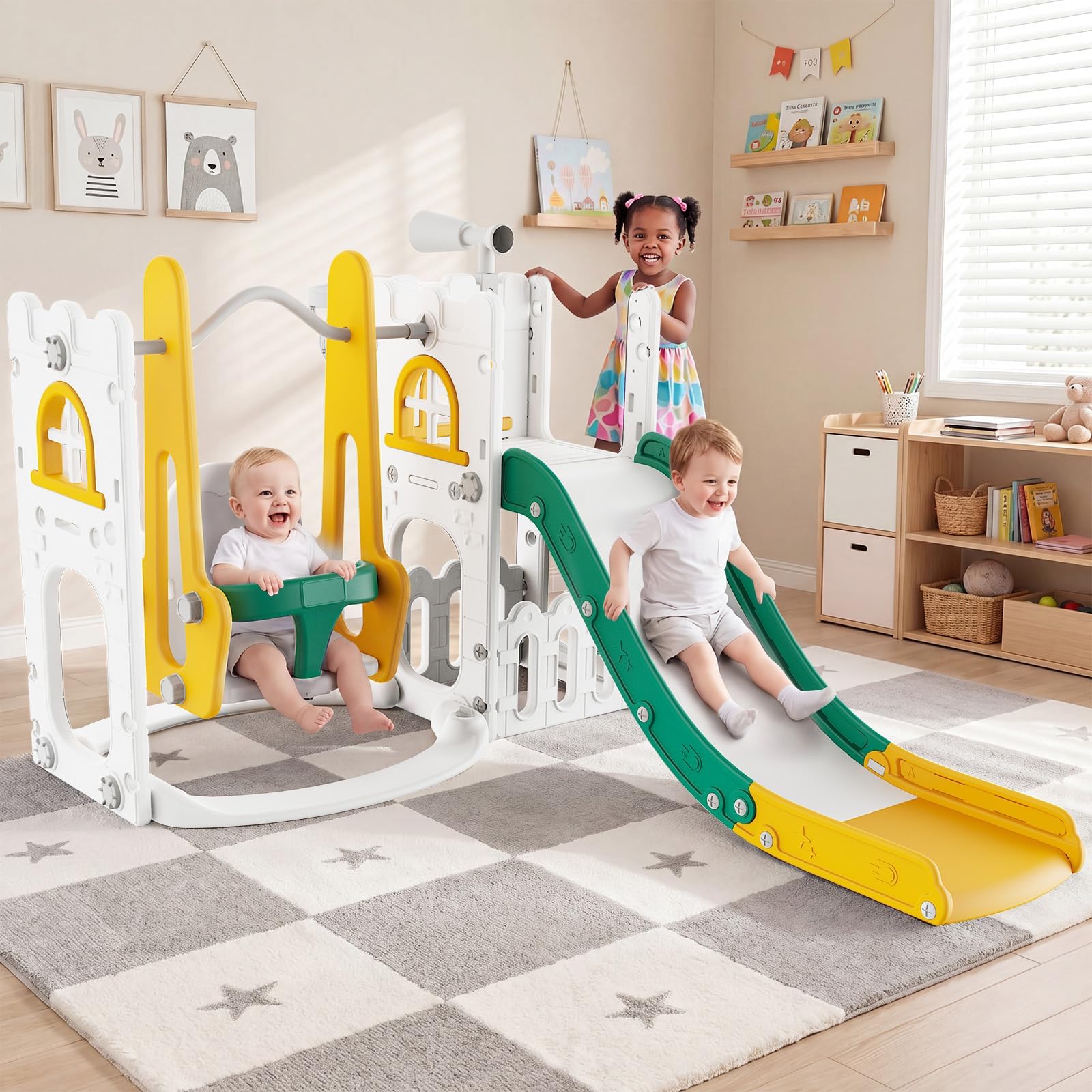 Kids Outdoor Slide - 7-in-1 Kleinkind-Rutsche und Schaukelset für drinnen