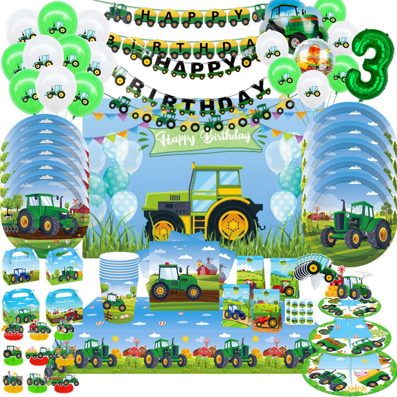 Kids Outdoor Excavator - Grünes Bauernhof-Traktor-Thema, Einweggeschirr, Pappbecher, Teller, Bagger,
