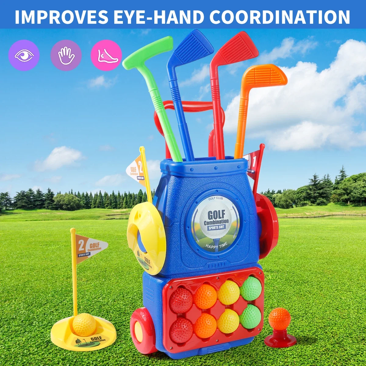 Kids Indoor Outdoor Cart - MQUDUO Kinder-Golf-Putting-Spielset mit Rollwagen, Schlägern, Bällen