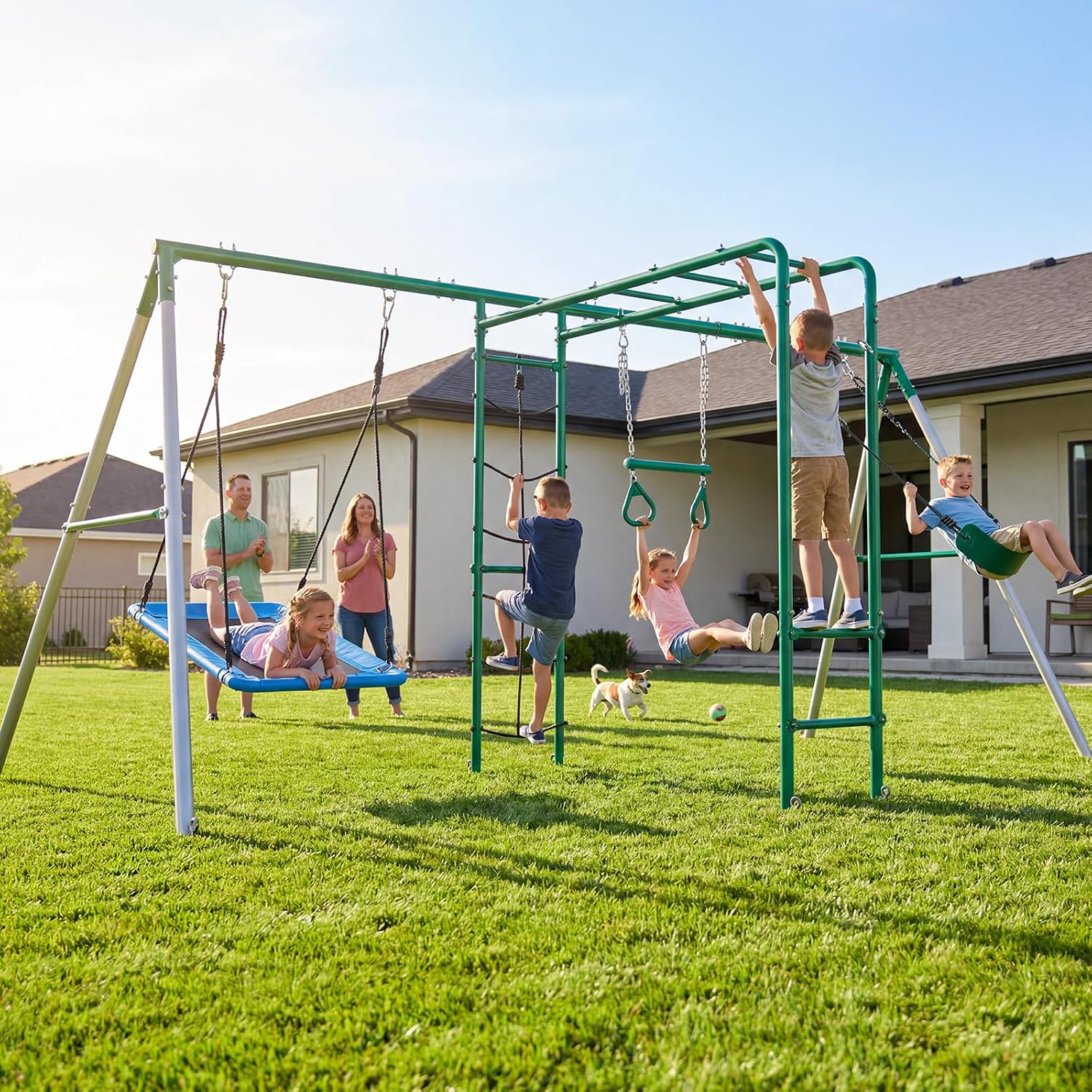 Kids Outdoor Monkey Bar Set - Gartenschaukelset mit Klettergerüst 5-in-1 Spielplatz Metallrahmen